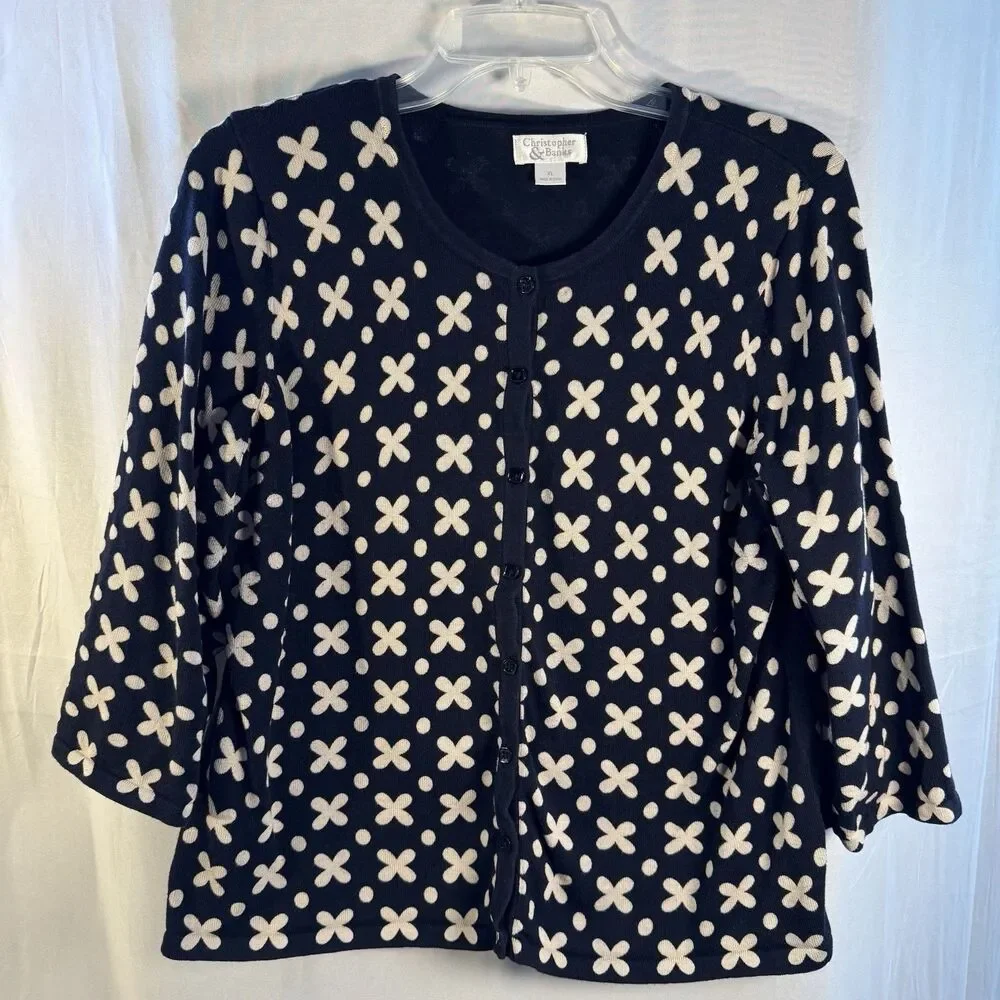 Christopher & Banks Women’s XL Navy Cream Floral Button Front Cardigan Sweater